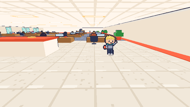 La entrada de la oficina en pixel art: los escritorios en filas y las luces encendidas.