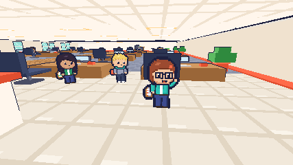 Reception: Gabi, Vera and Pili standing in front of their desks, with Cyan beside them.