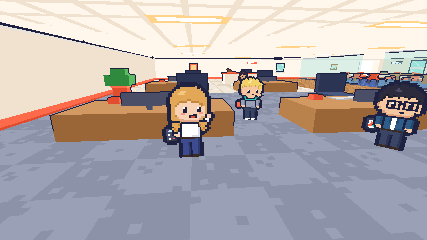 Data and finance: Dani, Fer and Cami standing by their desks, with Cyan beside them.
