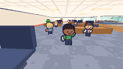 Technology: Sam and Nico standing in front of their desks, with Cyan beside them.