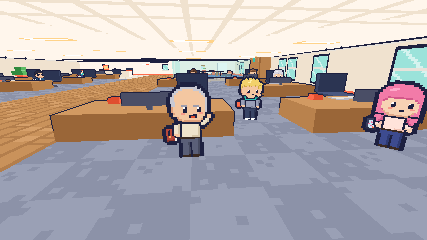 Design and content: Lu, Rocío and Tomás standing in front of their desks, with Cyan beside them.