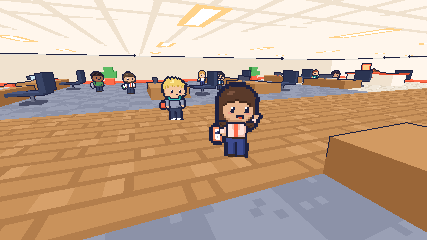 Business and people: Alex, Mar and Angélica standing in front of their desks, with Cyan beside them.