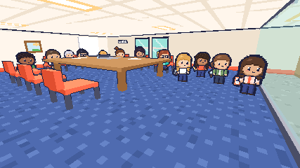 The meeting room: the Taskers gathered around the table.
